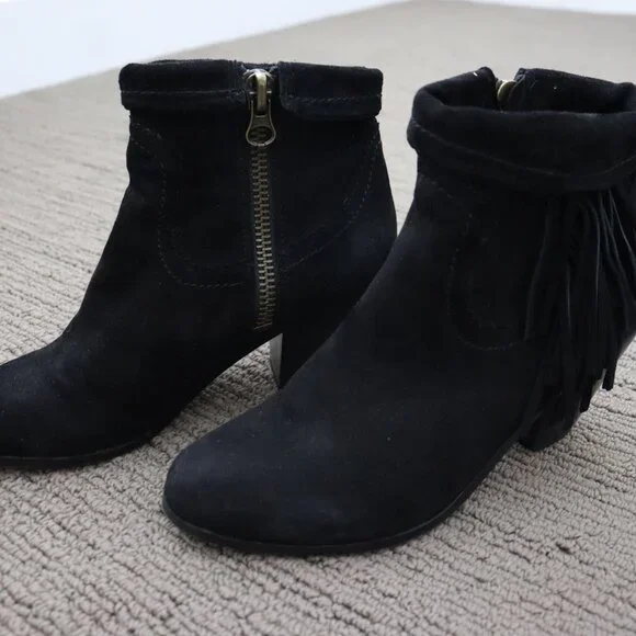 SAM EDELMAN Louie Black Suede Fringe Cowboy Bootie Size 7.5 - Picture 2 of 9